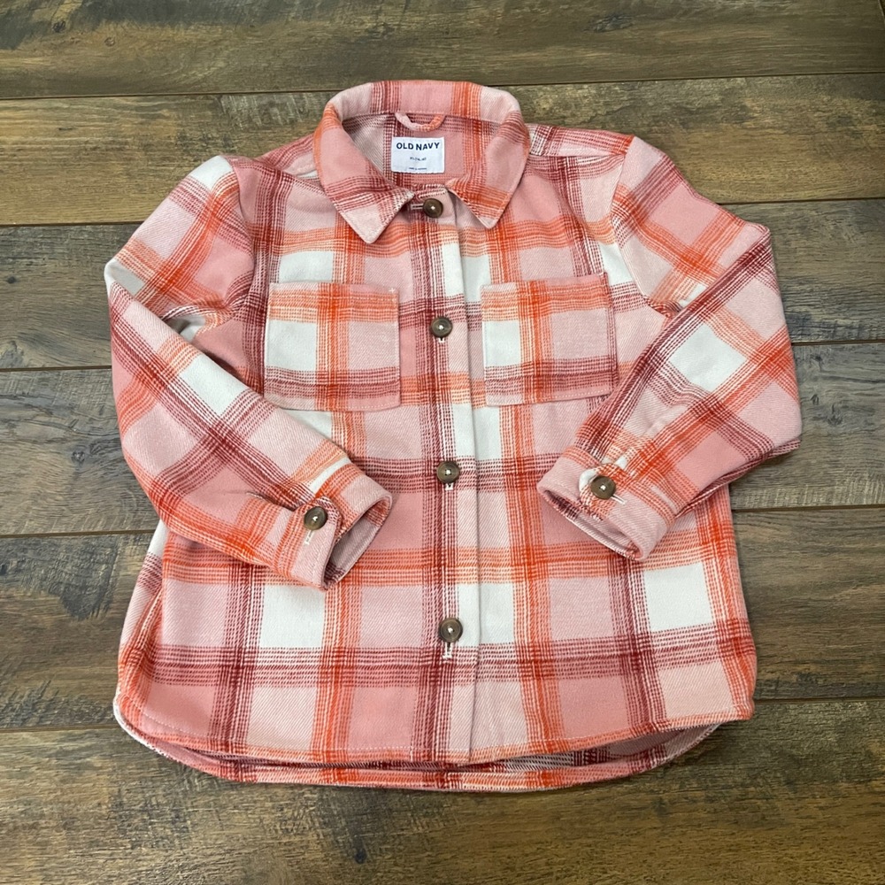Old Navy Kids Pink Orange Plaid Flannel Shacket Button Front Size XL 14-16 Fall